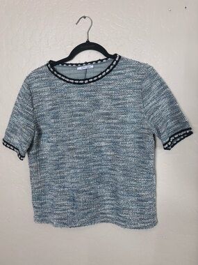 Zara Trafaluc Tweed Knit Pearl Trim Short Sleeve Top Women's Large